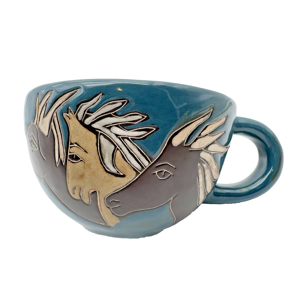 Mara Pottery Mug Stoneware Mexico Wild Horses Teal Large 16oz Cup Coffee Soup